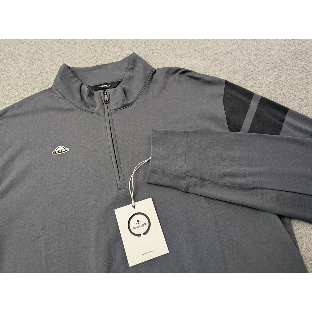 Radmor Mens Medium Grey Striped Sleeve 1/4 Zip Pima Cotton Spandex Golf Pullover